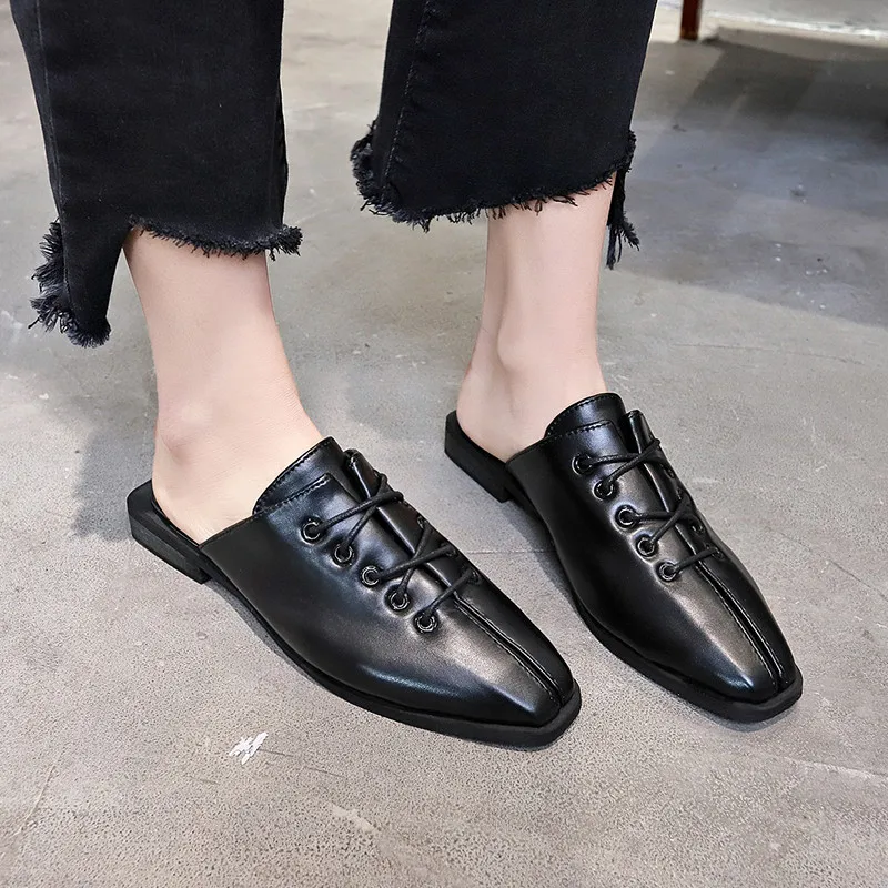 

EOEODOIT 2019 Spring Leather Flats Slippers Women Summer Sandals Fashion Square Toe Lace Up Flat Heel Casual Daily Weekends Shoe