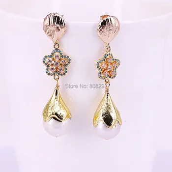 

For Women 4Pairs Gold Color Natural pearl dangle earrings pave cz drop earrings gem jewelry
