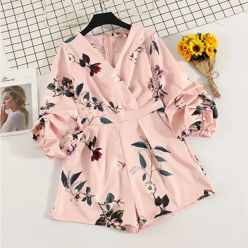 IUURANUS Women's V neck lantern sleeve Print Playsuits Lady's Vintage Autumn Summer Wide leg shorts imitation satin Jumpsuits IUURANUS Women's V neck lantern sleeve Print Playsuits Lady's Vintage Autumn Summer Wide leg shorts imitation satin Jumpsuits