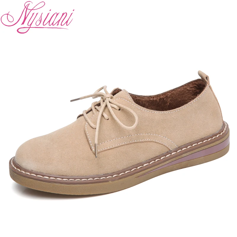 

2018 Winter Leather Women Flat Shoes Split Leather Round Toe Short Plush New Fashion Lace-up Leather Casual Shoes Women Nysiani