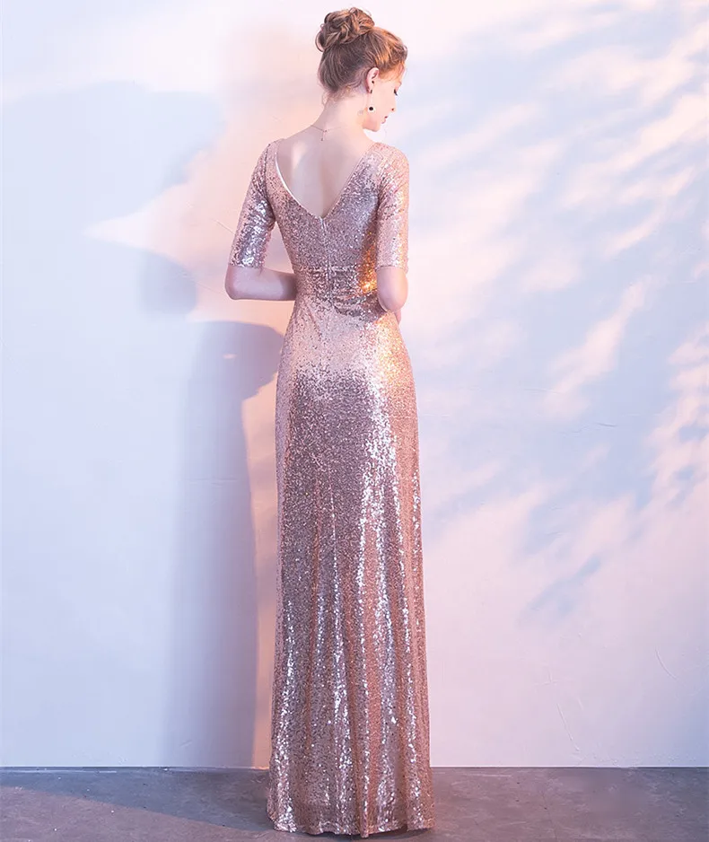 JaneVini блестящее розовое золото с блестками, Платья для подружек невесты с рукавами Элегантный v-образный вырез длинное свадебное вечернее платье женские вечерние платья