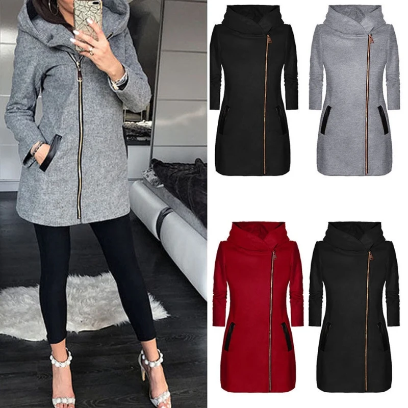

Winter Jacket Women 2018 High Collar Hooded Colorblock Zipper Long Sleeve Coat Jacket