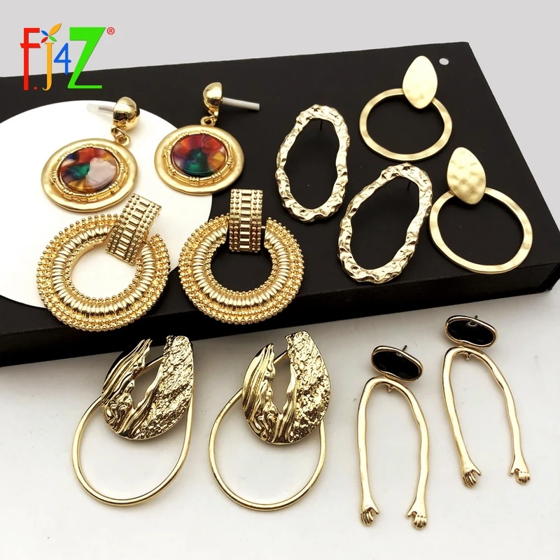 

F.J4Z Vintage Geo Circle Earrings Woman Irregualr Geometric Water Drop Hand Statement Earrings for Evening Party Show