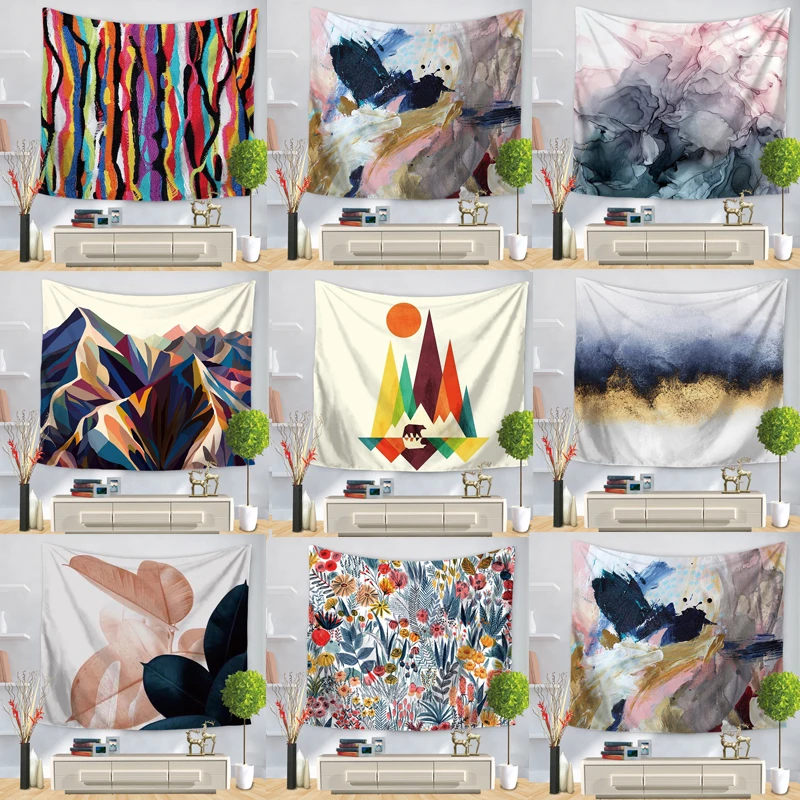 Mountain Printed Hanging Tapestry Watercolor Wall Hanging Tapestries Boho Bedspread Yoga Mat Blanket