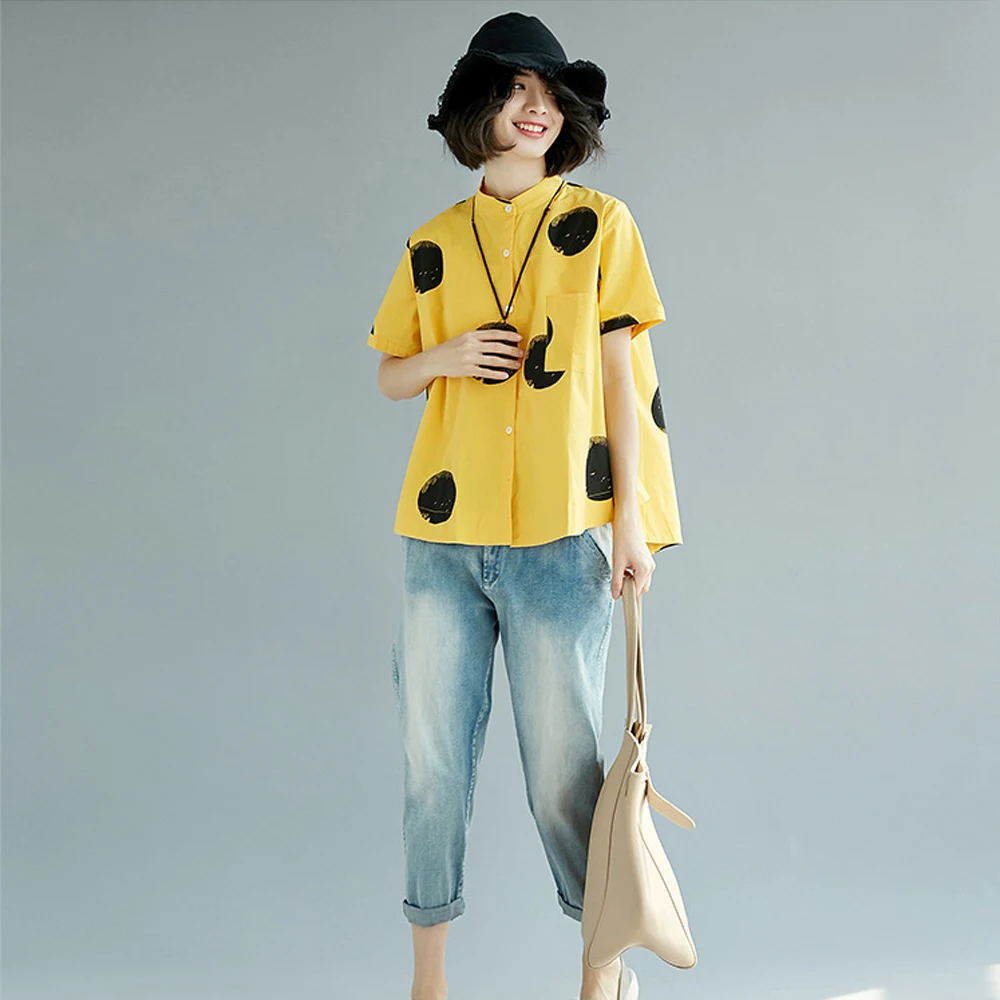 Spring and summer new style Loose short sleeve printed shirt Polka dot printed short-sleeved top