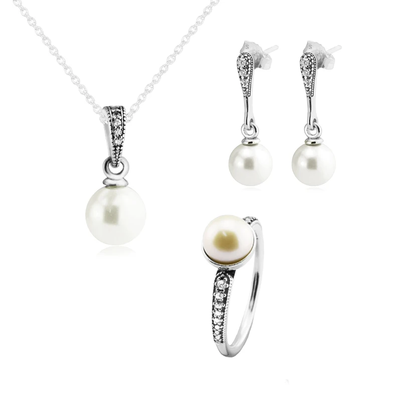 

Ring Dangle Charm Beads Stud Earrings White Pearl Bridal Jewelry Sets 100% 925 Sterling Silver Jewelry for Women Gift PJS507
