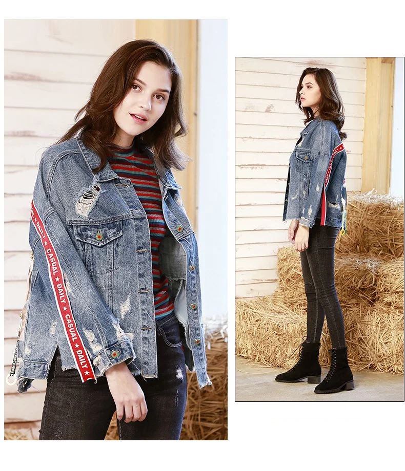 

DTYNZ original 2019 new women's denim jacket loose personality ribbon printing denim shirt hand worn