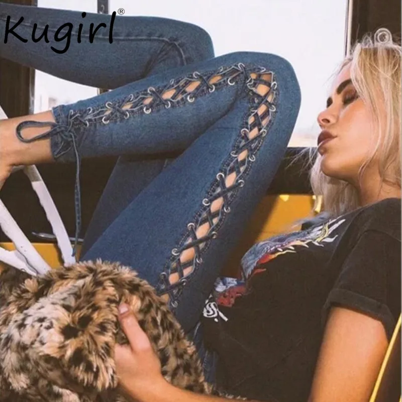 

Sexy Side Bandage Women Jeans High Waist Pencil pants adjust ties waist Demin Jeans Punk trousers Streetwear jeans woman Casual