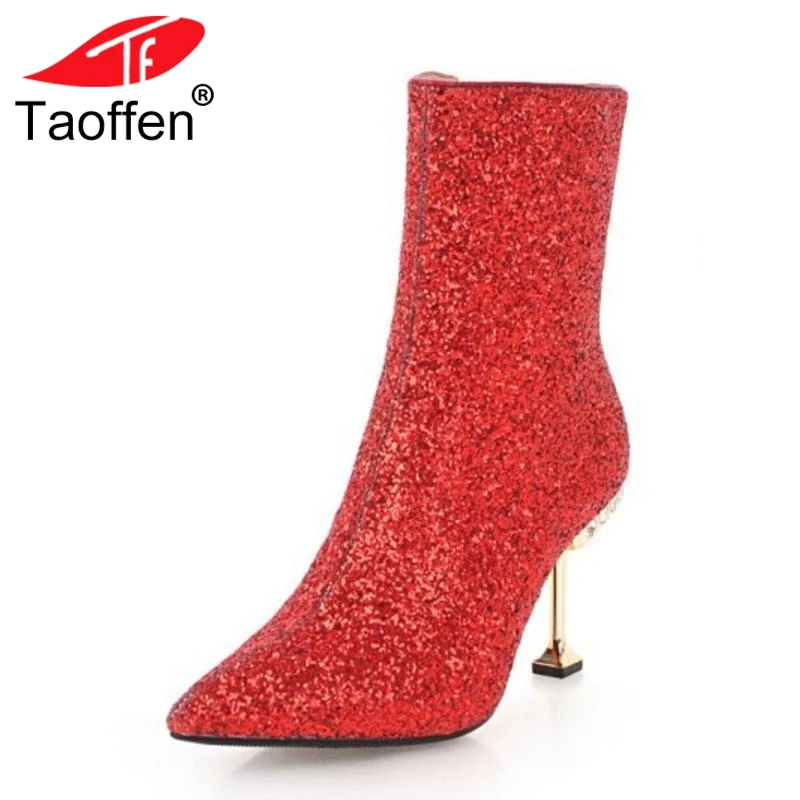 

TAOFFEN Size 32-43 Mid Calf Boots Women Winter Plush Fur Shoes Woman Bling Shine High Heel Boots Sexy Ladies Party Shoes