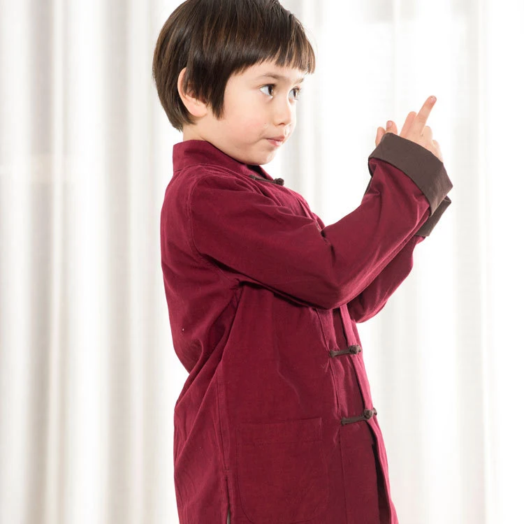 ActhInK Дети Весна Китайский Hanfu тонкое пальто для мальчиков со вставками льняная рубашка с длинным рукавом и цветами в стиле пэчворк для детей; производительность верхняя одежда, ZC026