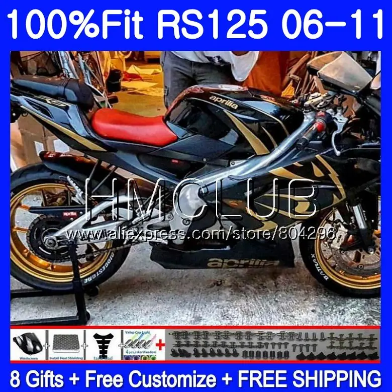 Инъекции для Aprilia RS125 06 07 08 09 10 11 RS-125 черного и золотого цвета 119HM17 RSV125 RS4 RS 125 2006 2007 2008 2009 2010 2011 обтекатель