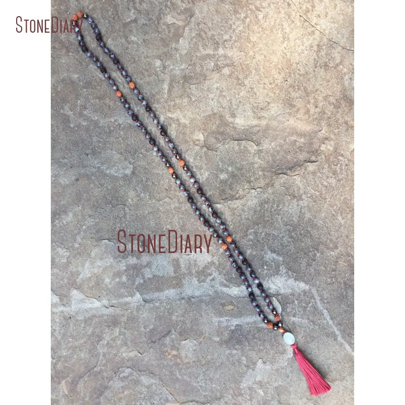 20180312-NM10922-Hand knotted Larvikite, Hematite & Rudraksha 108 Bead Mala lava stone aquamarine guru bead grounding protection meditation yoga mantra_3