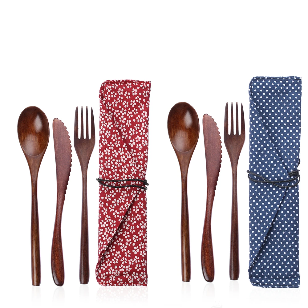 

Useful Spoon Fork Chopsticks Portable Reusable Wooden Cutlery Bamboo Flatware With Bags Dinnerware Tableware Pack Gift