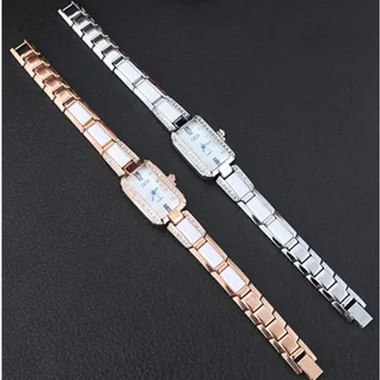 

Shining Diamond Luxury Rectangular Stainless Steel Metal Watches Plating Classic Women's Crystal Watch Dress Ceramic Quartz