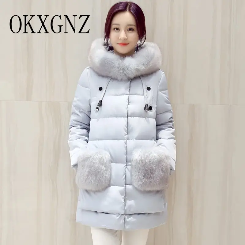 

OKXGNZ Winter Dress 2017 Korea Costume Women Basic Coats Hooded Fur Collar Loose Warm Feather Cotton Coat Jacket Plus Size AH020