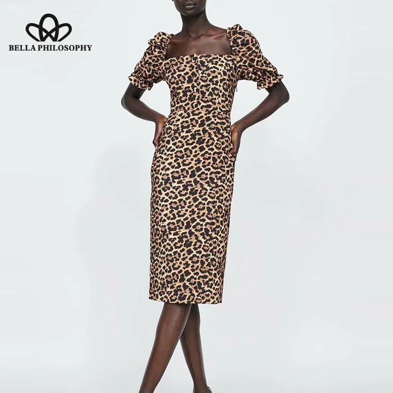 Wonder 2019 new Spring Sexy Leopard Bodycon Dress Vintage Sheath Female Square Collar Dress Casual Animal Print Maxi Long Dress