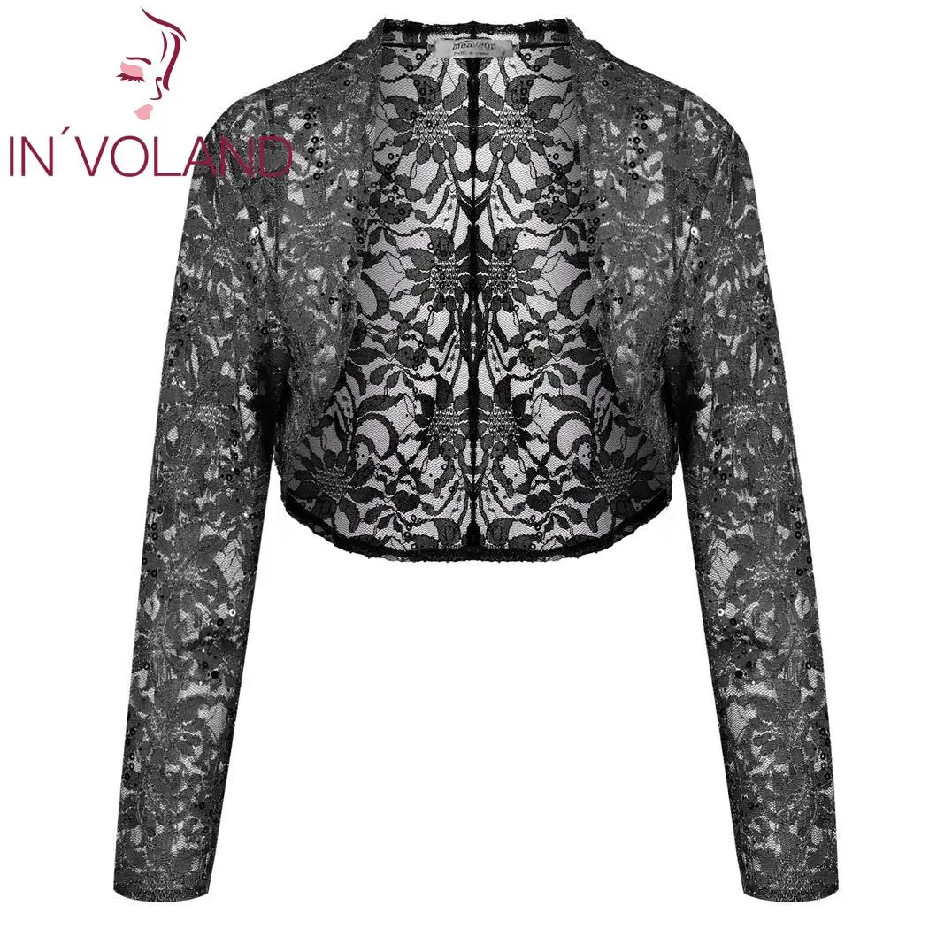 

IN'VOLAND Plus Size Knit Bolero Shrug Women Casual 3/4 Sleeve Lace Floral Crop Open Stitch Cardigan Short Shawl Wrap Oversize