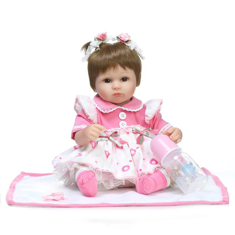 

42CM Alive Silicone Baby Born Doll Reborn Dolls Toys Girls With Pink Skirt Dress Baby Bottle Blanket Christmas Gifts For Girls