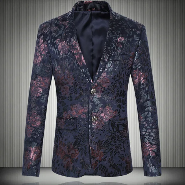 Mens Blue Floral Blazers 2017 Paisley printing Slim Fit Suit Blazer