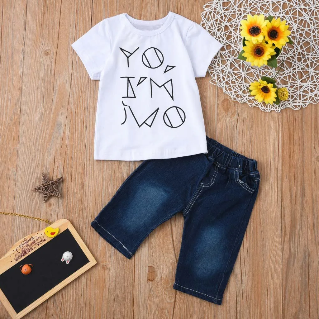  CHAMSGEND High quality 2PCs Newborn Kid Baby Girls Boys Cotton Letter Print Tops +Denim Pants Fashi