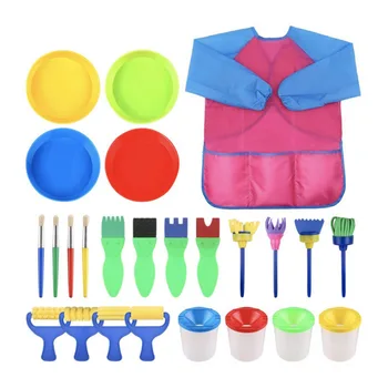 

MrY 25 Pcs Kids Painting Tools Set with Sponges Paint Brushes Waterproof Apron DIY Drawing Flower Stamp Art Learning for Kids Toys