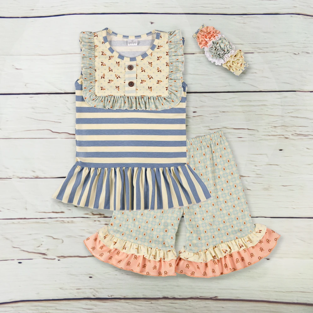 

Hot Sale Kids Lovely Clothing Striped Pattern Decor Ruffle Capris Boutique Remake Summer Children Set