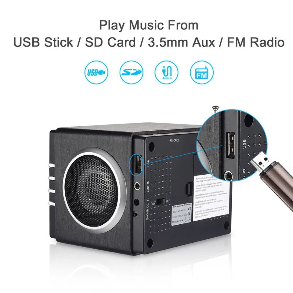 August MB300H Wood Clock Radio with SD Card,Aux In,USB In