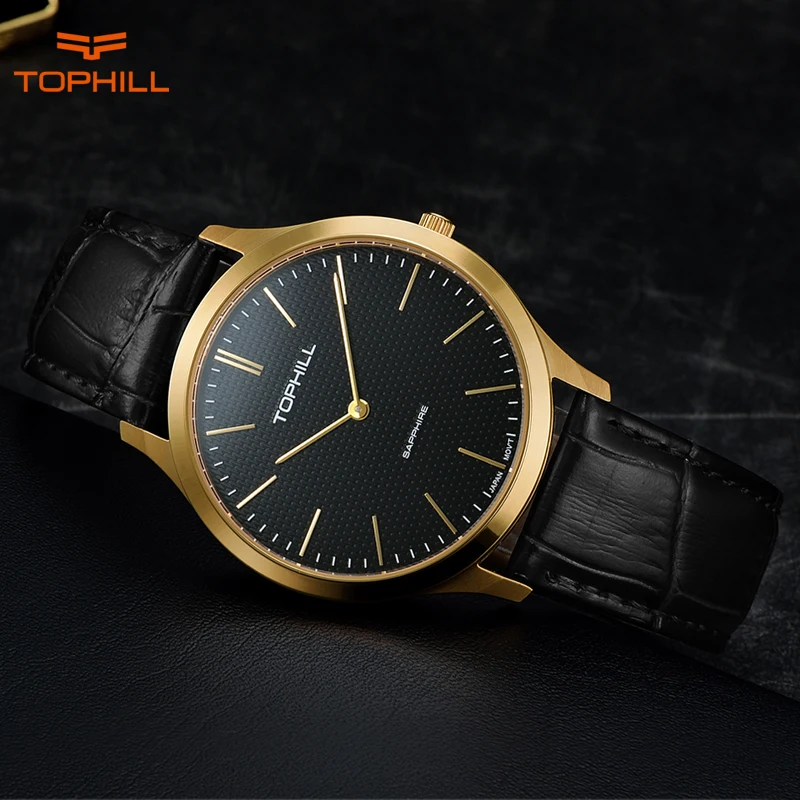 Tophill Swiss Brand Slim Men's Fashion Wrist Watches Genuine Leather