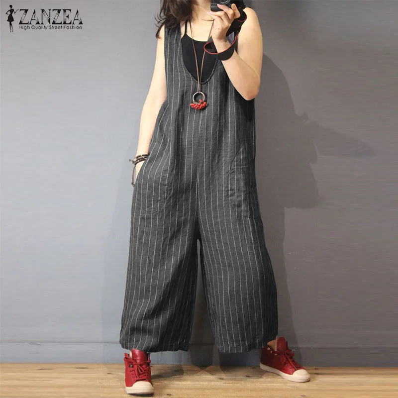2020 ZANZEA Plus Size Women Striped Jumpsuit Sleeveless Loose Work Office Bodysuits Casual Wide Leg Playsuits Elegant Long Mono 2020 ZANZEA Plus Size Women Striped Jumpsuit Sleeveless Loose Work Office Bodysuits Casual Wide Leg Playsuits Elegant Long Mono
