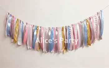 

Handmade Pink Blue Gray Gold Macaroon Ribbon Banner Birthday Party Garland Highchair Bunting Baby Shower Decoration Photo props