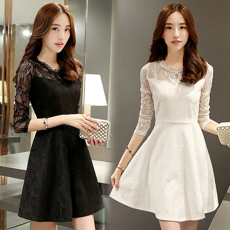 

Hot Sale Womens Spring Lace Dress Fashion O Neck Slim Long Sleeve Party Black White Dresses Vestidos Plus Size