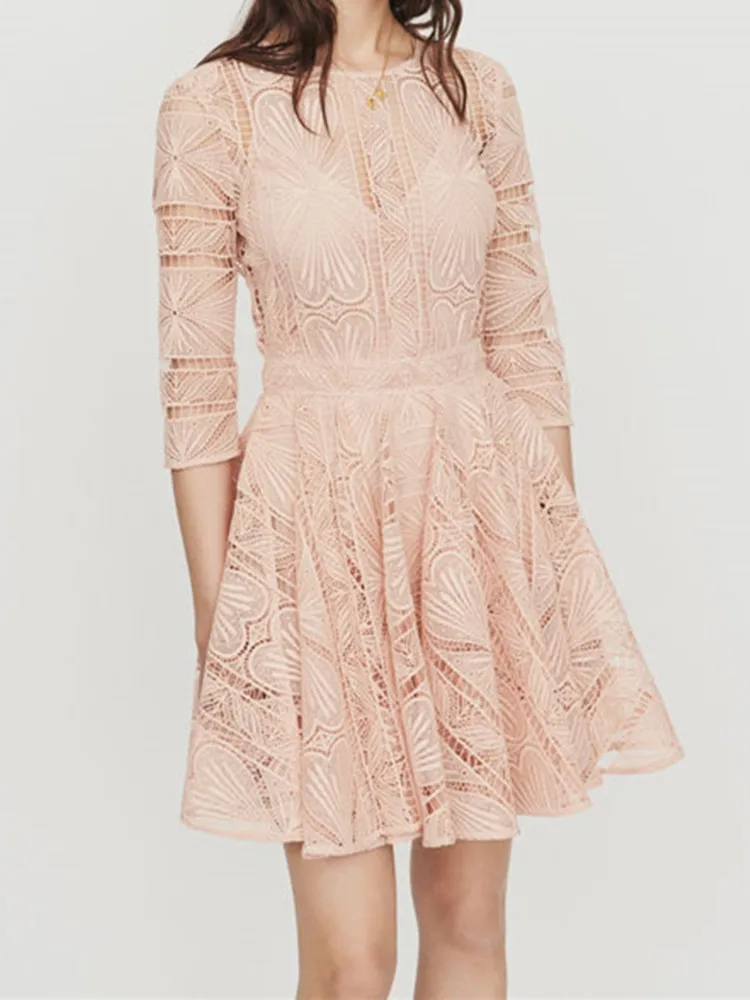

Women's Dresses Embroidery Lace Hook Flower Back Hollow Out Chic O Neck Half Sleeve Elegant Dress