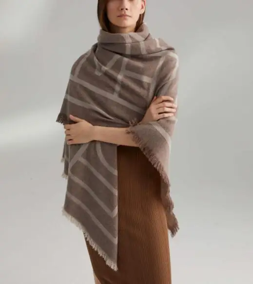 

Como Wool Cashmere Scarf Pashmina 150CM Big scarfS tobacco monogram PRINT fringes trim WOMAN NEW FASHION High quality