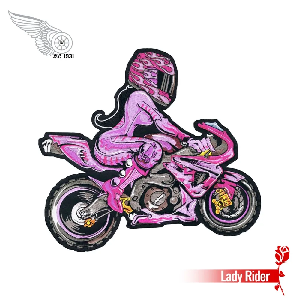 

Pink Biker with Pink Girl Rider Embroidered Iron On Back of Jacket Patch Black twill fabric Free Shipping Custom DIY