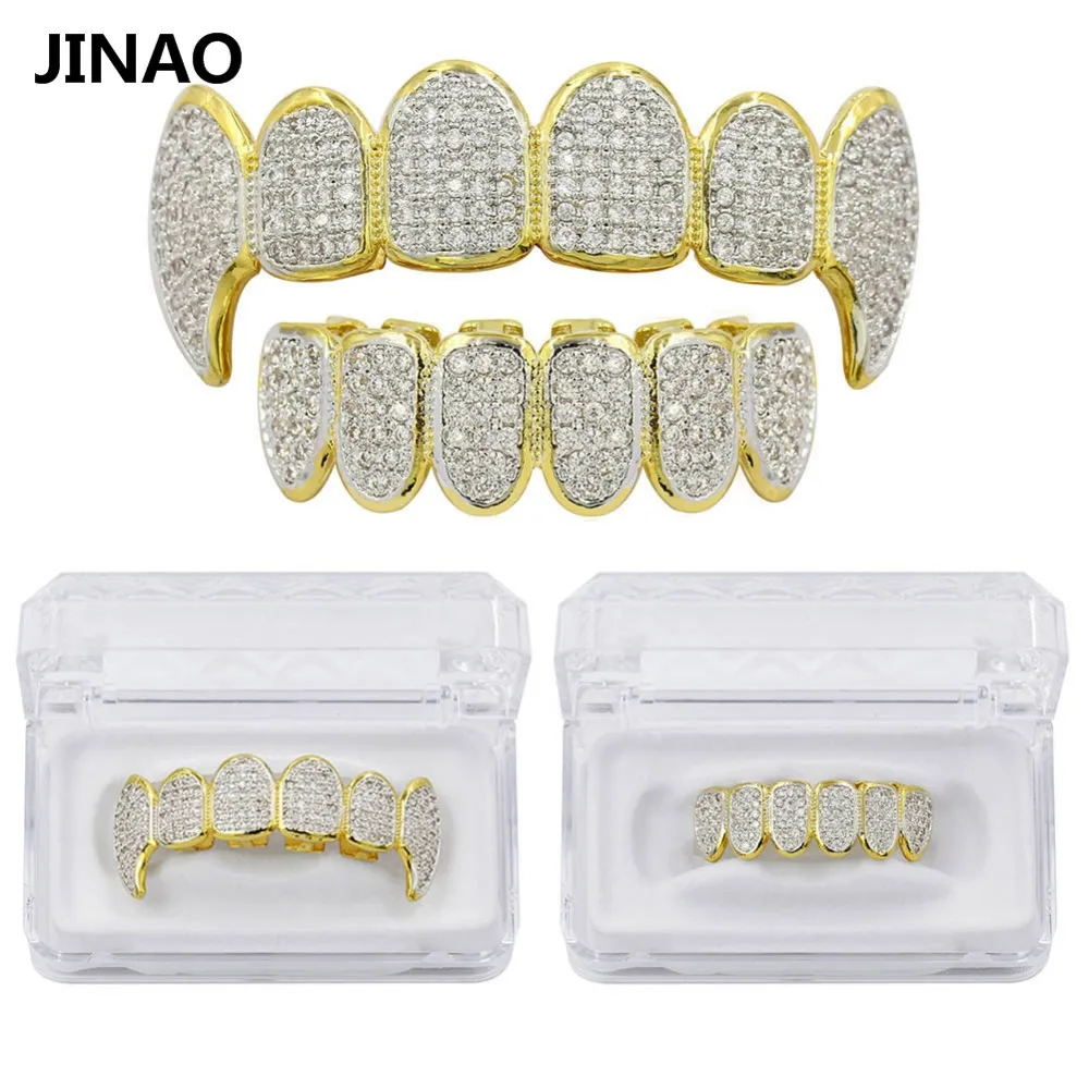 JINAO Pure Gold Color Plated Teeth Grillz All Iced Out