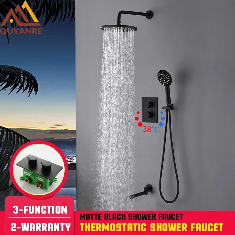 Quyanre Black Thermostatic Bath Shower Faucets Kit Embedded Box