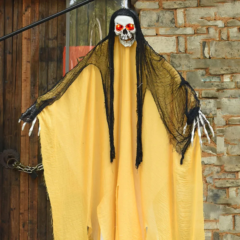 

Halloween Horror Props Huge Skeleton Head Hanging Ghost Red Light In Eyes Trick Toys Bar Party Haunted House Escape Decorations