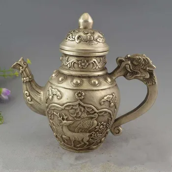 

Chinese Silver 8 Auspicious Symbol Dragon Handle Wine Flagon Kettle