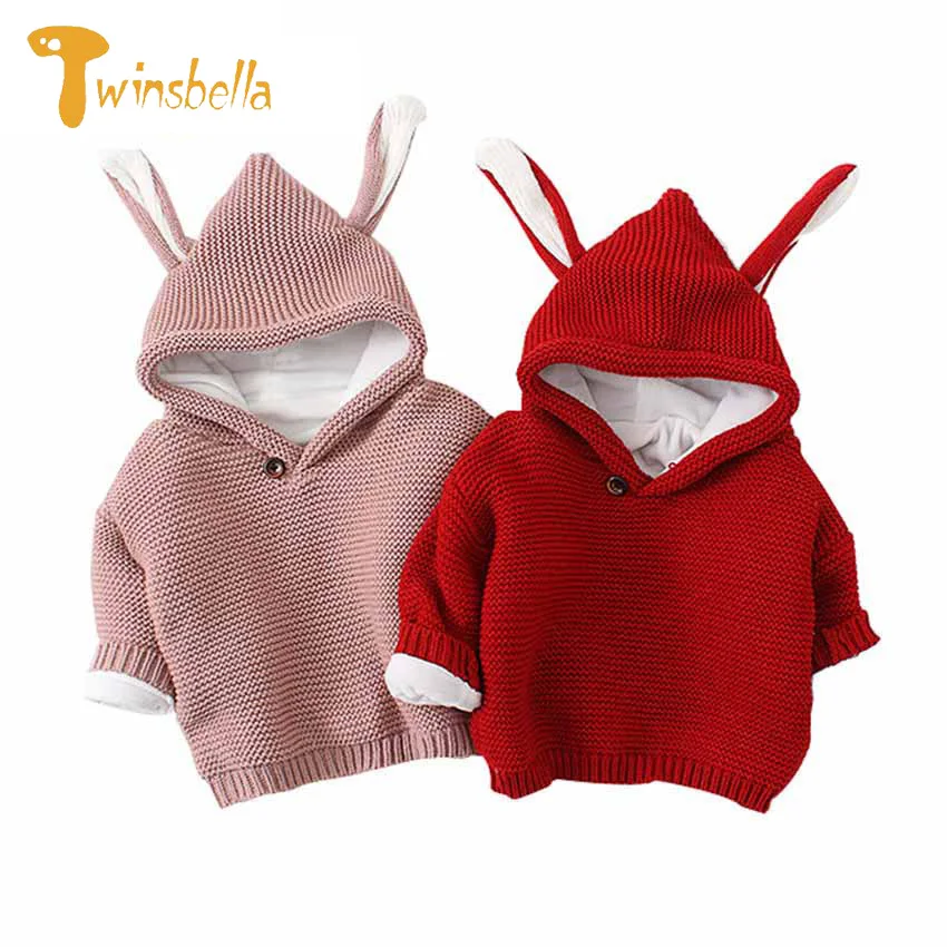 TWINSBELLA Children Autumn Clothing Boys Girls Cotton Knitted Sweater Cute Hooded Velvet Sweater Infant Solid Pullover Costume