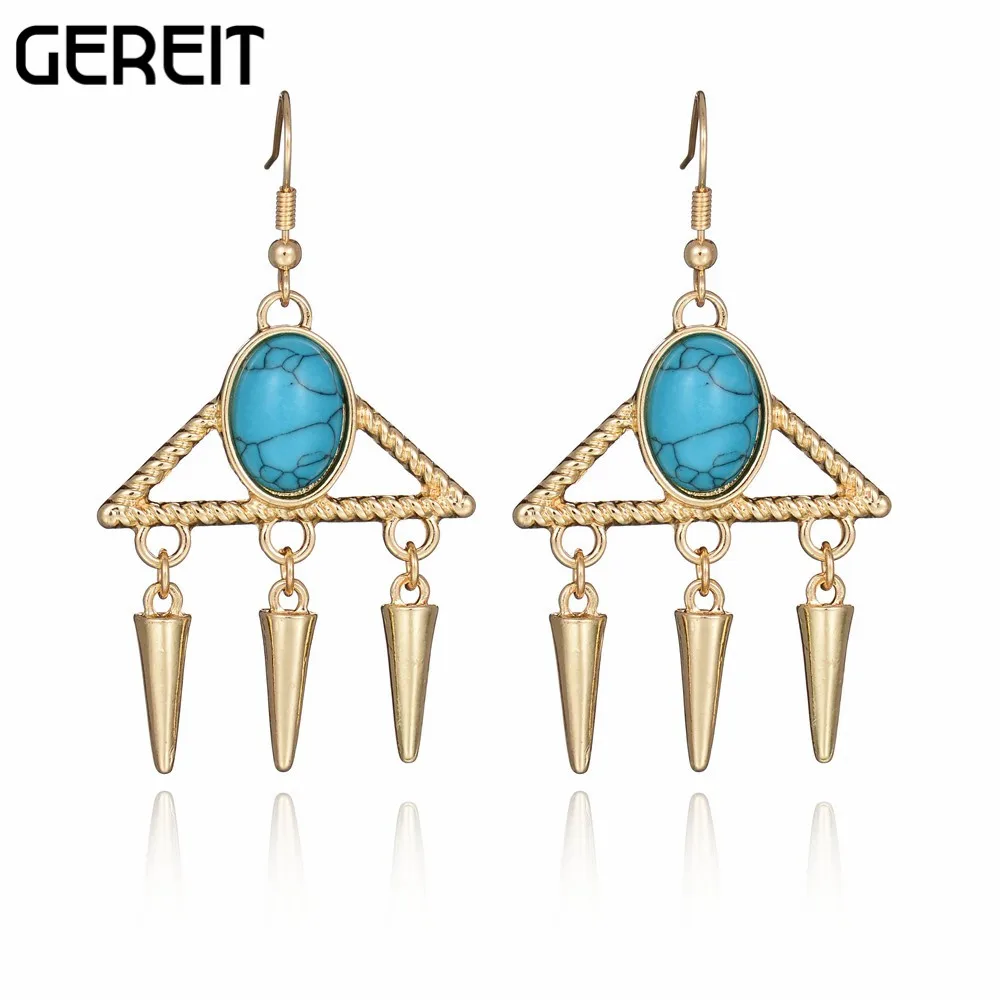 

GEREIT Gold Geometric Triangle Blue Faux Marble Stone Long Drop Earrings Party Club Casual Tassel Earring For Women From India