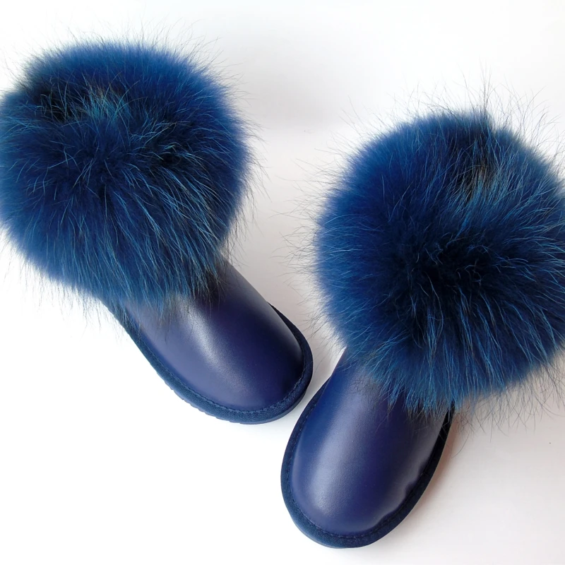 Goede G amp; Zaco Natuurlijke Blauwe Vos Bont Snowboots Zwart Bont Waterdichte Koe Lederen Laarsjes Platte Lederen Real bont Korte Laarzen