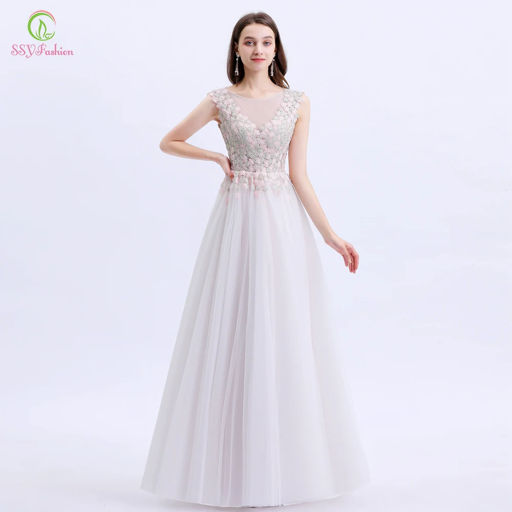 

SSYFashion New White Evening Dress Women Banquet Elegant Lace Appliques Floor-length Formal Party Gowns Vestido De Noche Custom