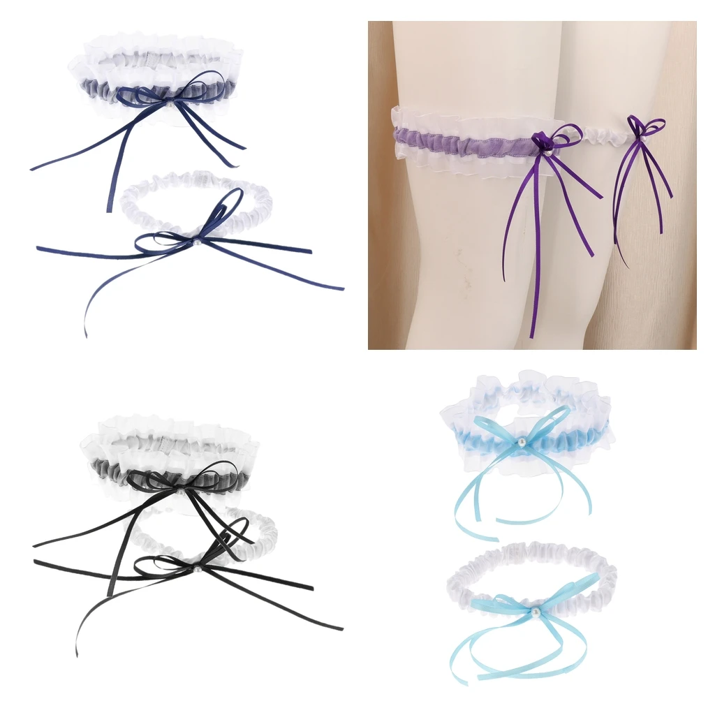 2pcs Elegant Bridal Garter Set Pearls Bow Satin Ribbon Garter Throwaway Toss Keepsake Wedding Accessories