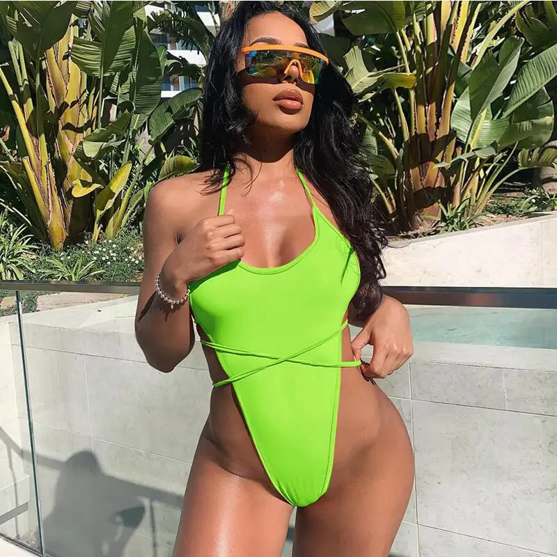 

spaghetti straps backless bandage lace up neon green orange solid sexy bodysuit 2019 summer women fashion club body