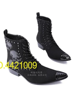 

Black Designer Men Genuine Leather Ankle Boots Fashion Skull Pattern Metal Head Boots Pointed Toe Oxford Shoes Size46