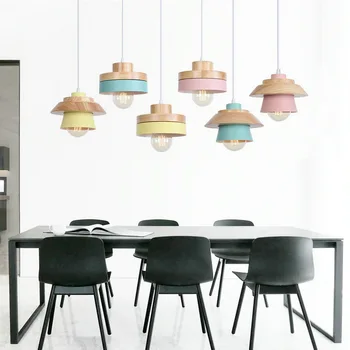 

Pendant Lights Dining Room Pendant Lamps Modern Colorful Restaurant Coffee Bedroom Lighting Iron+Solid Wood E27 Holder