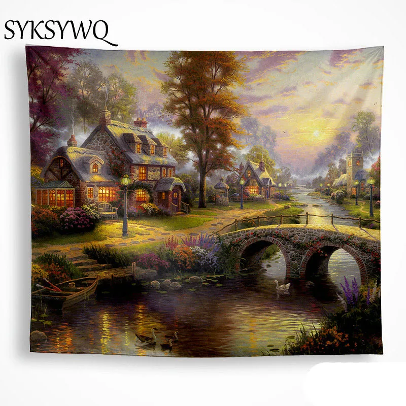 

Country house tapestry nature scenery river bridge painting Picnic mat wall hanging dorm room decor