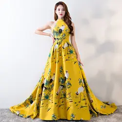 Желтые Вечерние платья 2019 с бретельками из сатина со шлейфом спинки Один размер Длинные платье для вечеринок китайский модное платье