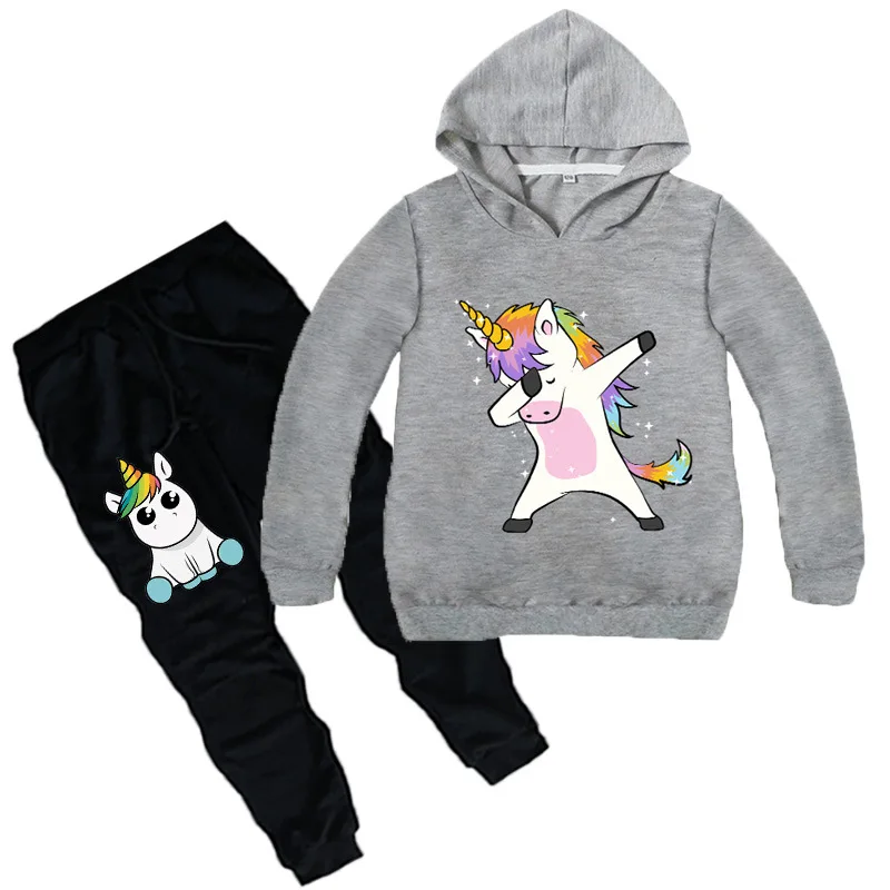 New Children's Set Children's Hoodies+ Pants 2 Pcs Tracksuit Boys And Girls Spring Autumn Unicorn Take Off Gesture Clothing Set