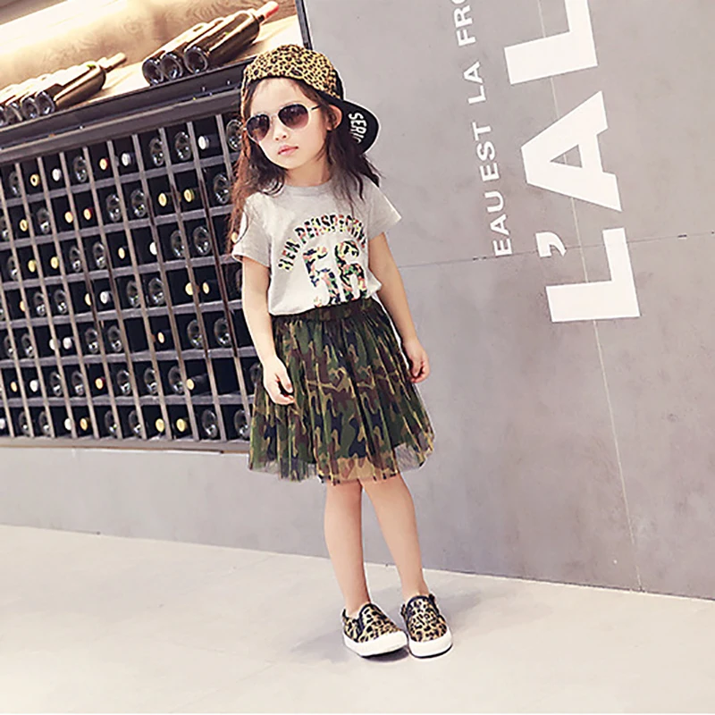 التمويه بارد الفتيات ملابس الصيف نمط جديد الاطفال الدعاوى للفتيات إلكتروني تي شيرت مطبوع توتو تنورة الأطفال الملابس مجموعة